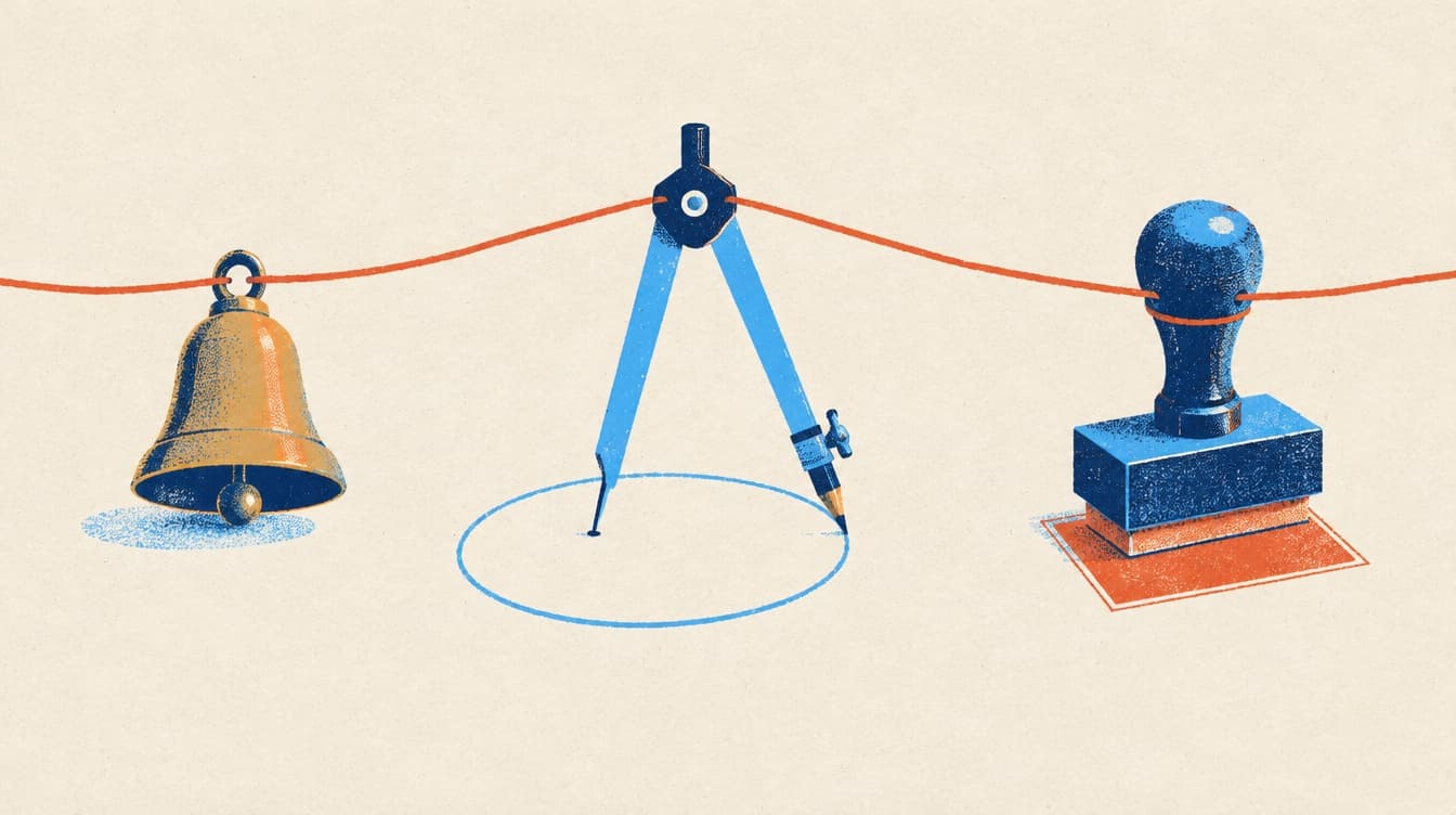 One red thread running through a bell, a drafting compass and a rubber stamp